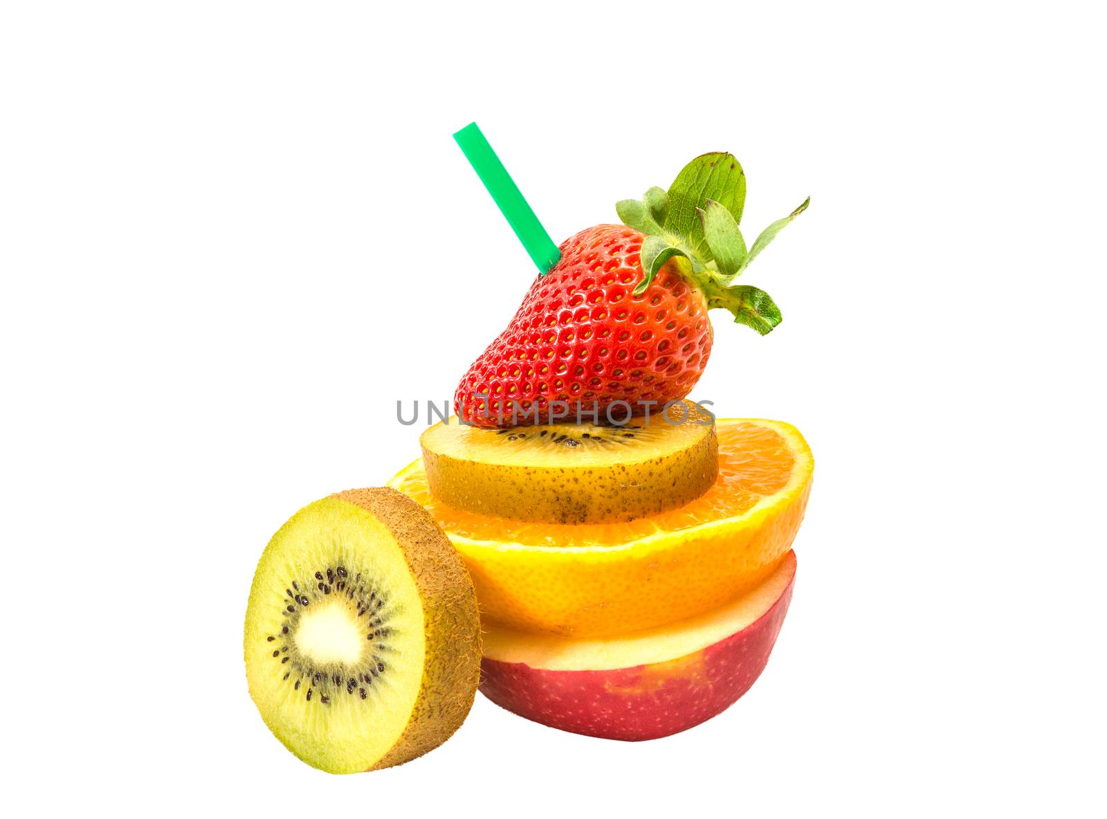 Juice fruits of strawberry, orange, kiwi, apple on white background