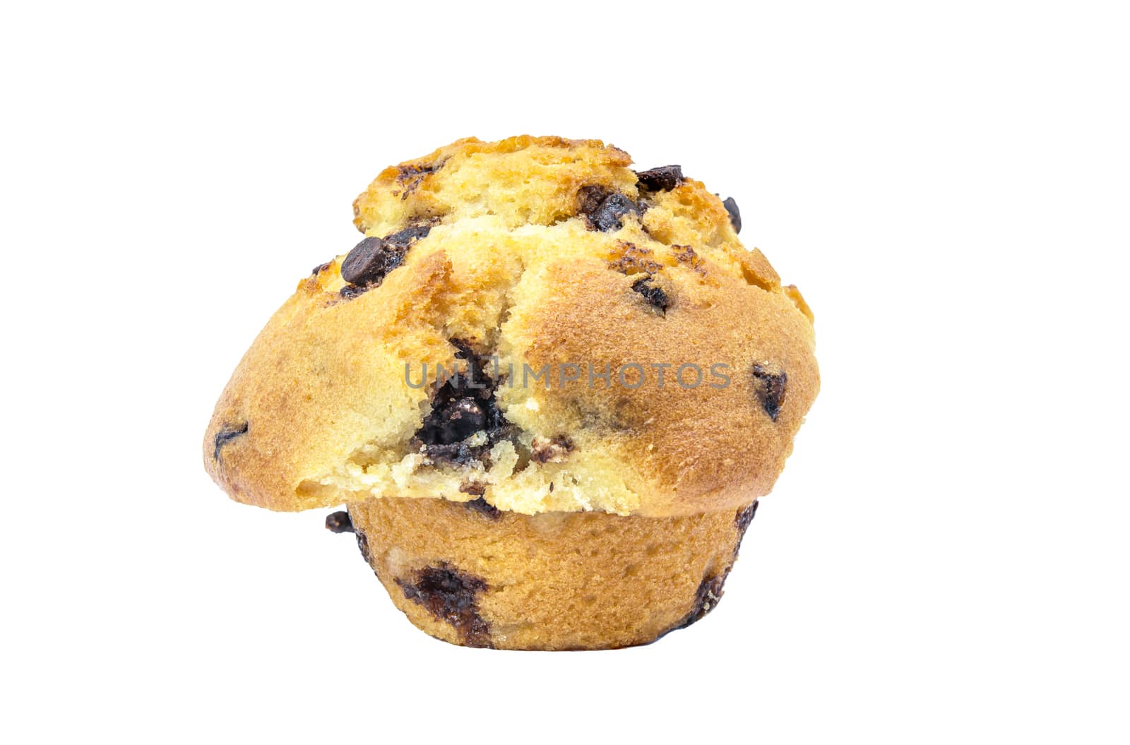 One chocolate chip muffin on white background