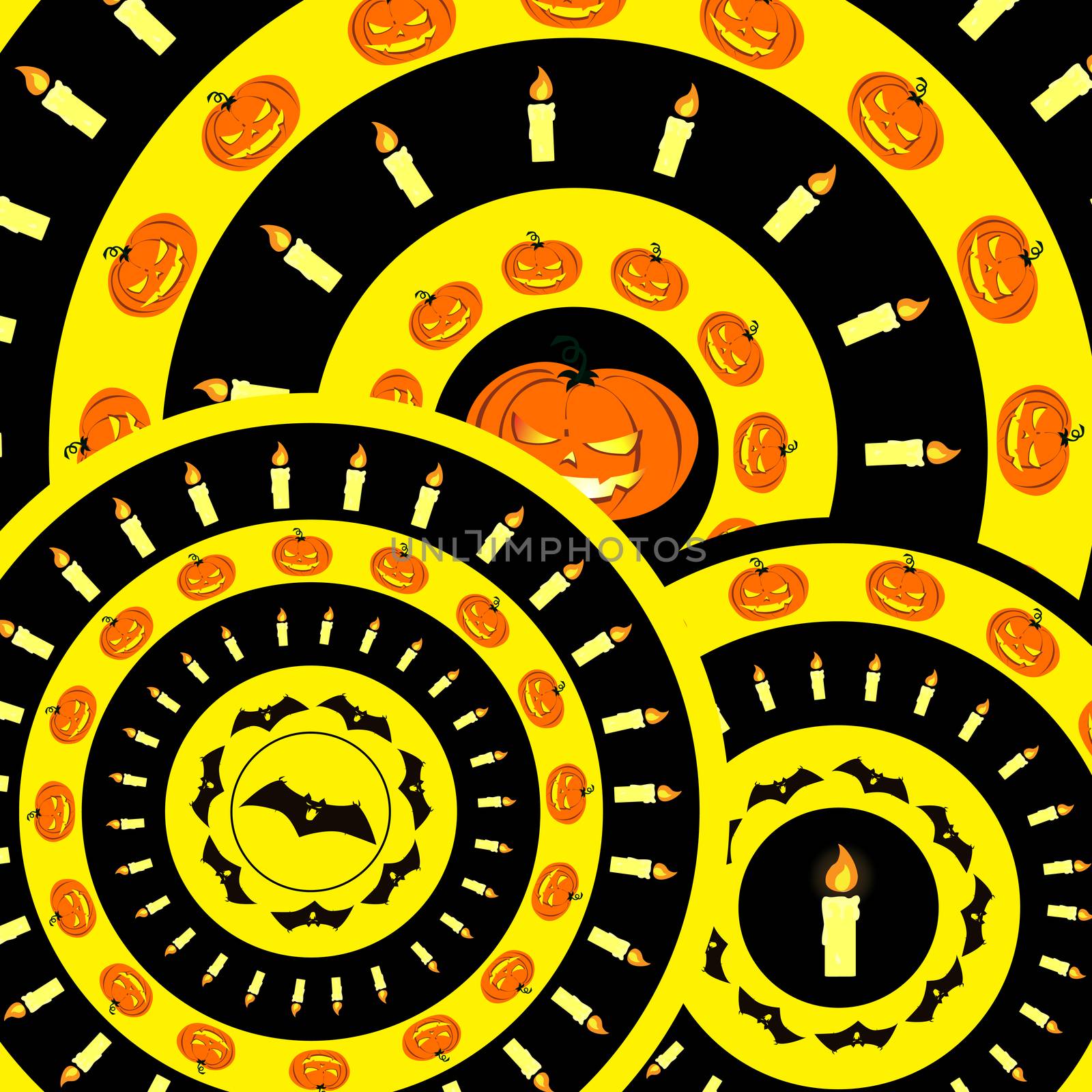 Vector circular pattern in the style of Halloween with pumpkins, bats and candles.