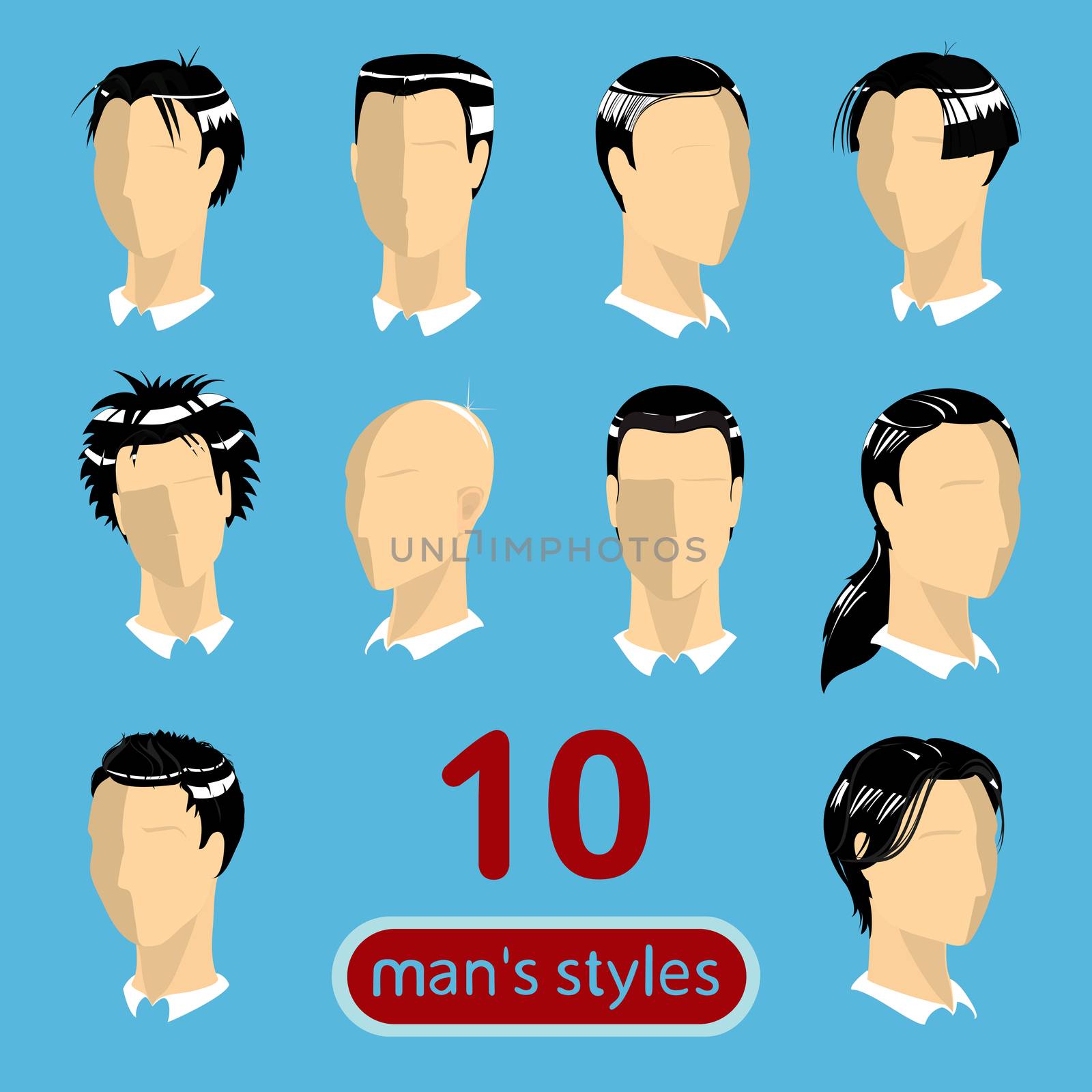 Vector male busts with 10 different hairstyles