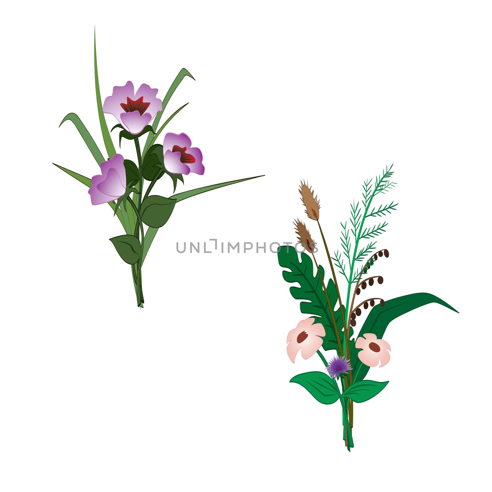 Two simple vector bouquet with wild flowers and leaves