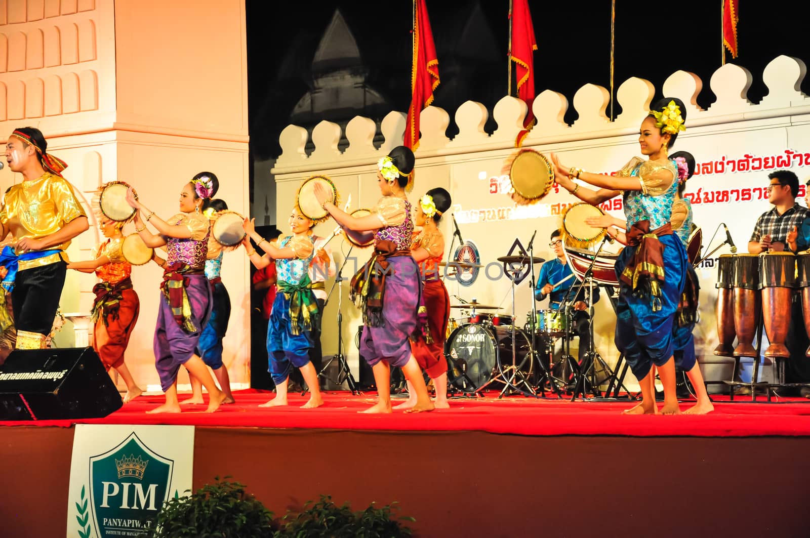Lopburi, Thailand.- February 21, 2014 : The cultural drum dance show in the event King Narai Reign Fair 2014, take place in the Narai Ratchaniwet,on February 21, 2014 in Lopburi, Thailand.
