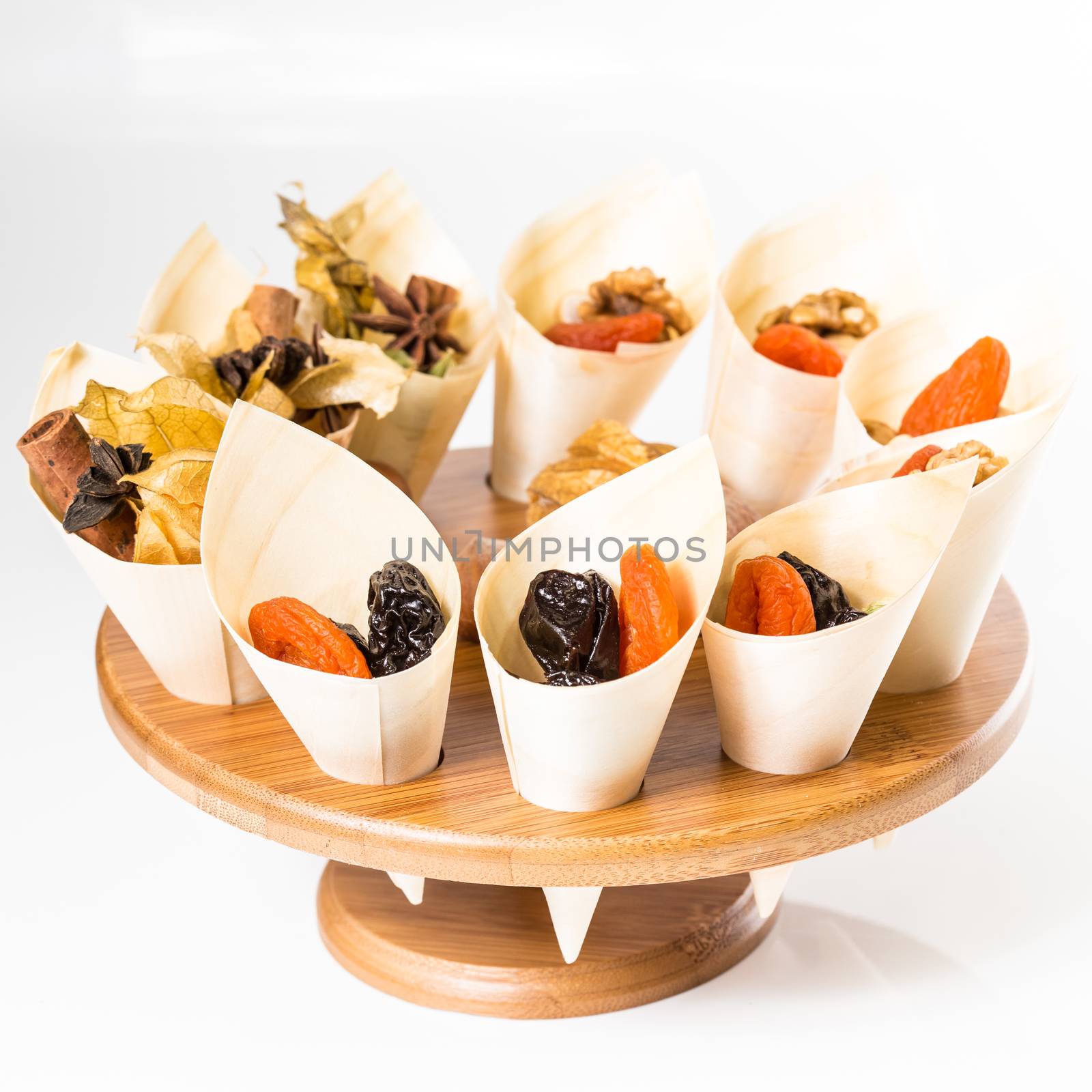 Mix nuts, dry fruits and chocolate on a white background