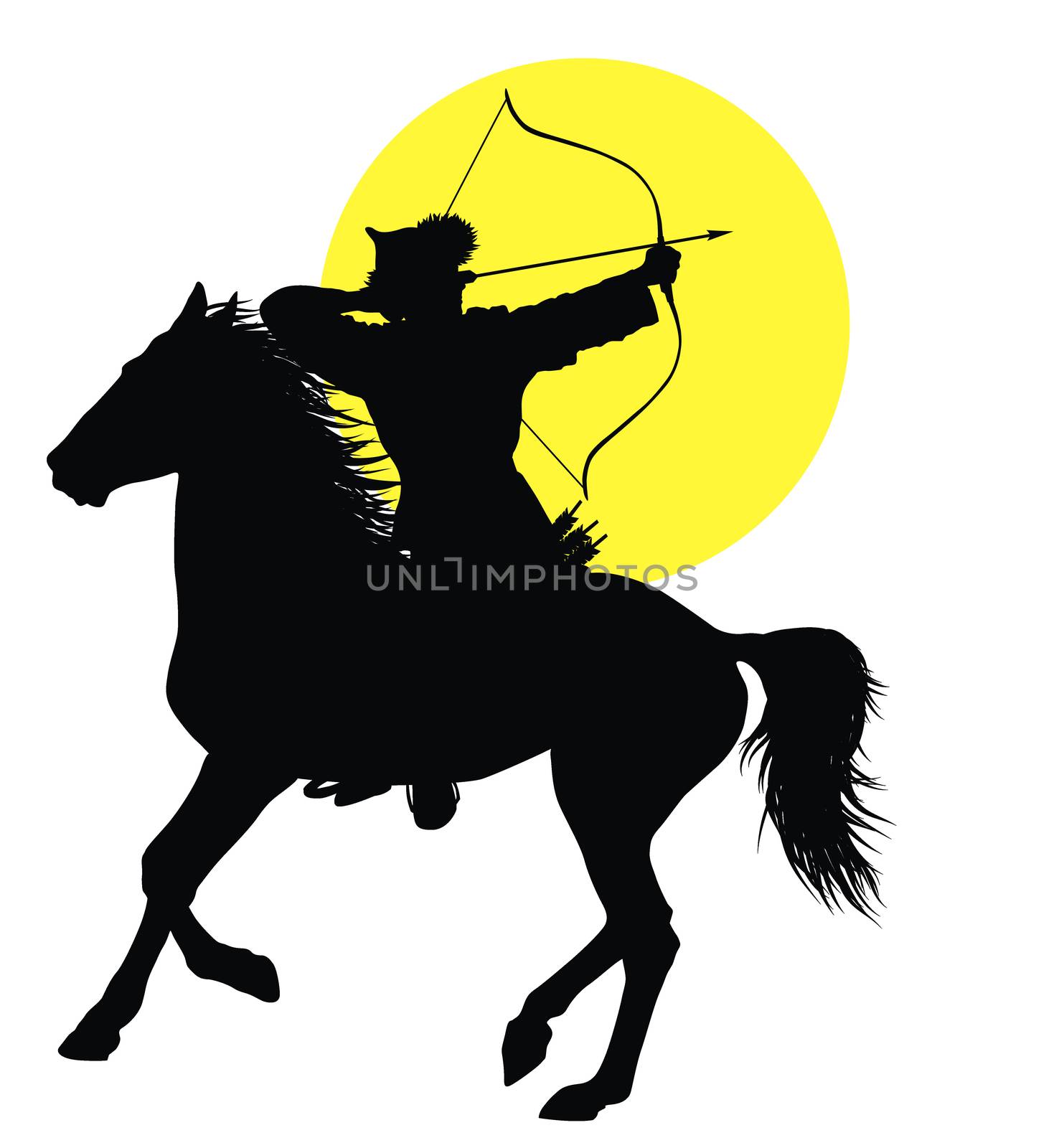 Medieval oriental horseman with bow and arrows. Vector silhouette