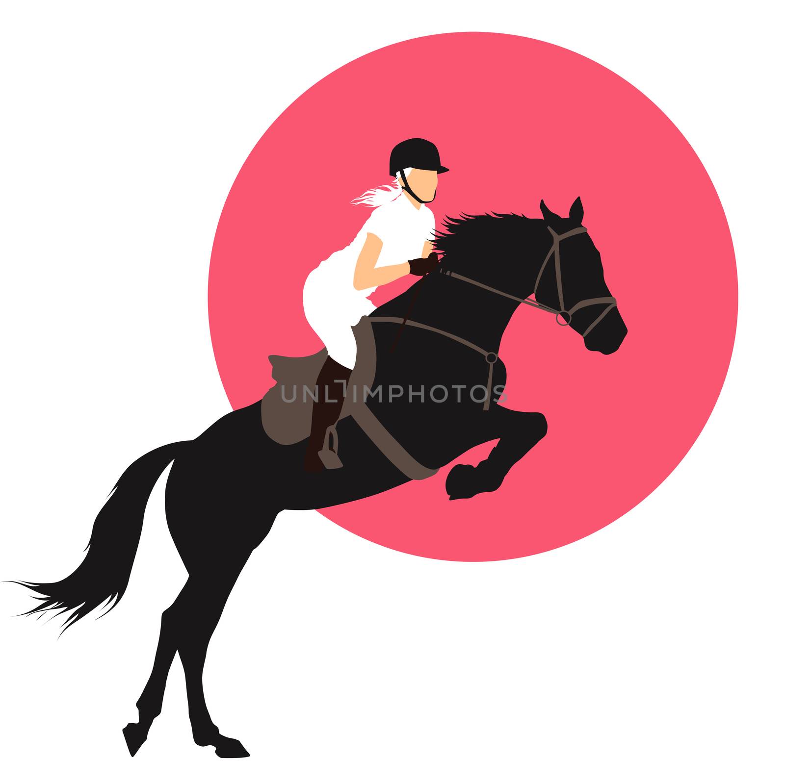 Horse and rider jumping on pink background. Vector EPS10