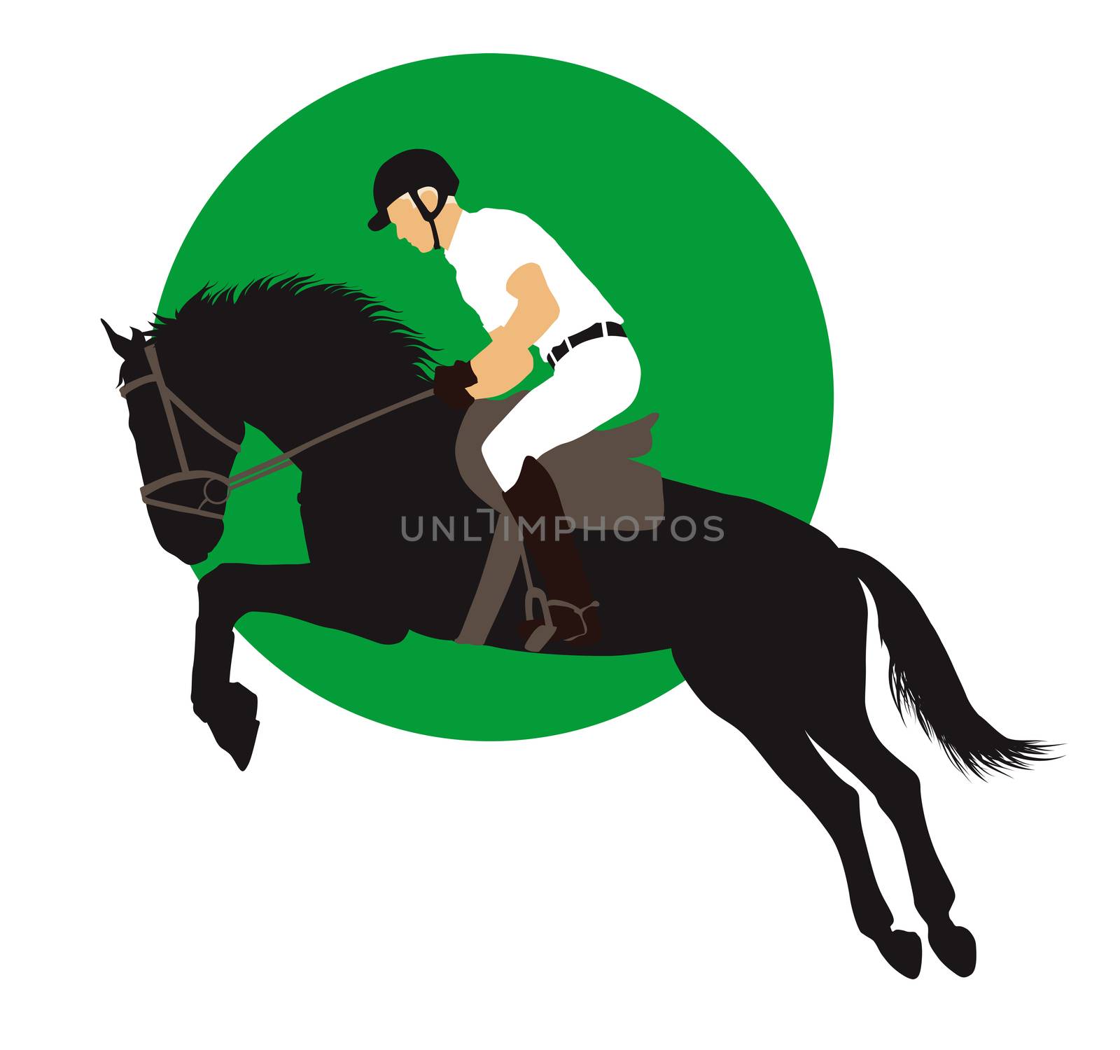 Horse and rider jumping on green background. Vector EPS10