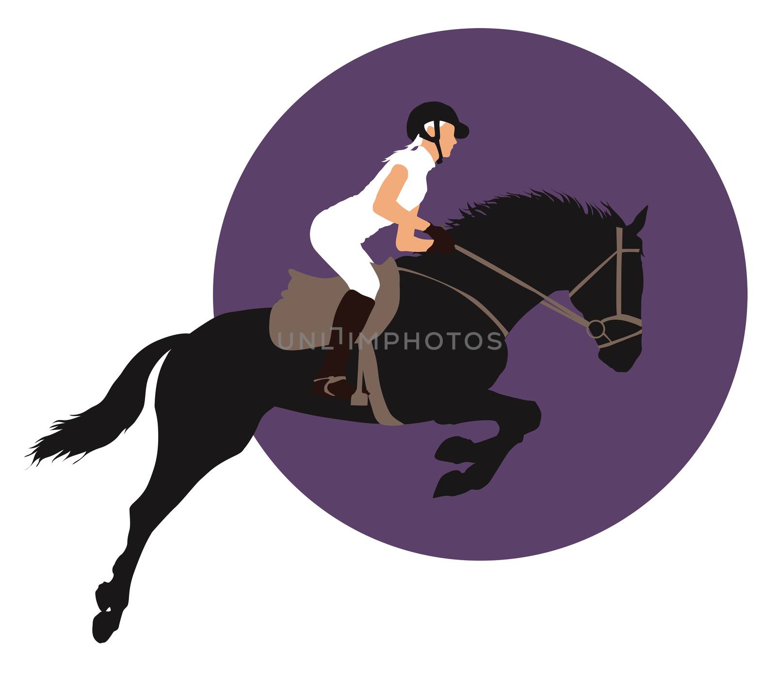 Horse and rider jumping on purple background. Vector EPS10