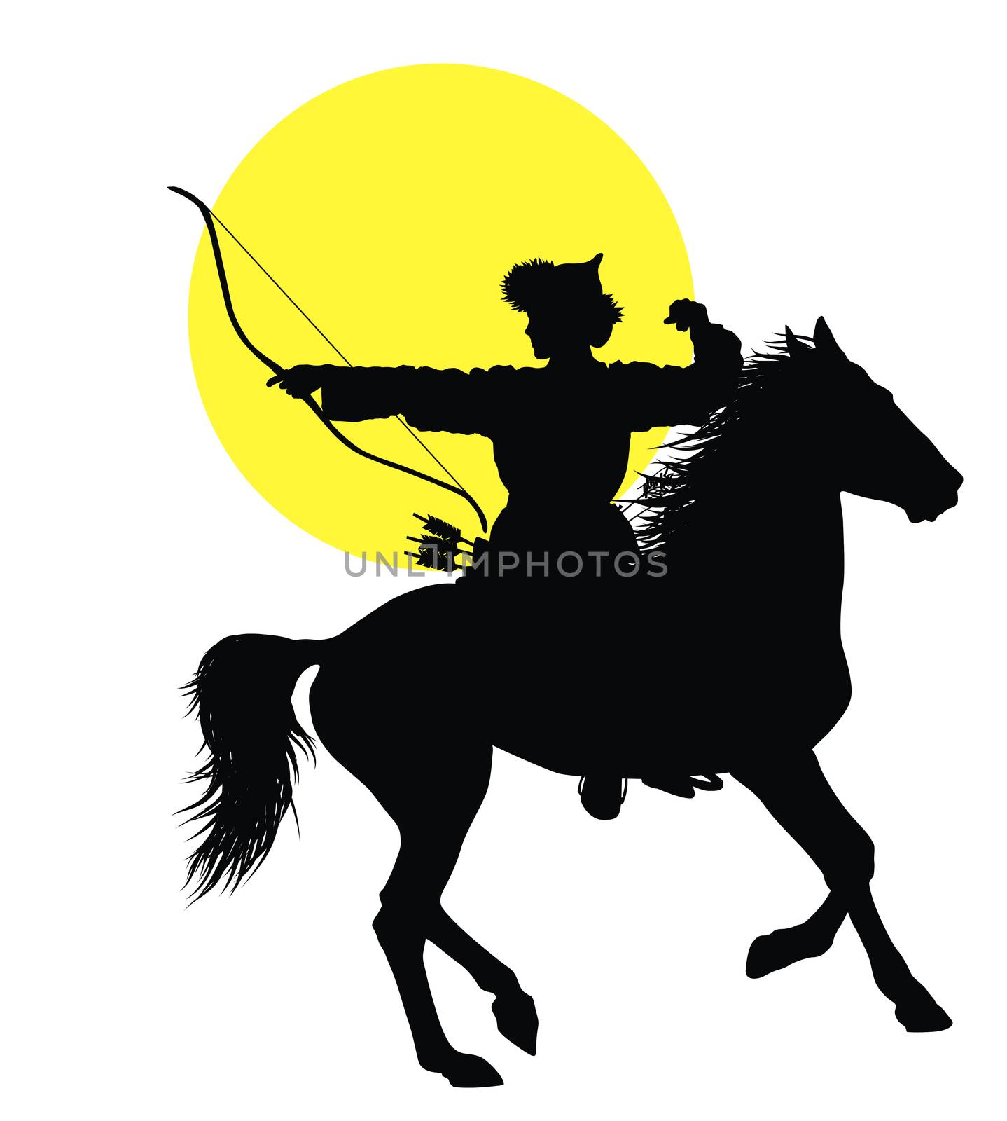 Medieval oriental horseman with bow and arrows. Vector silhouette