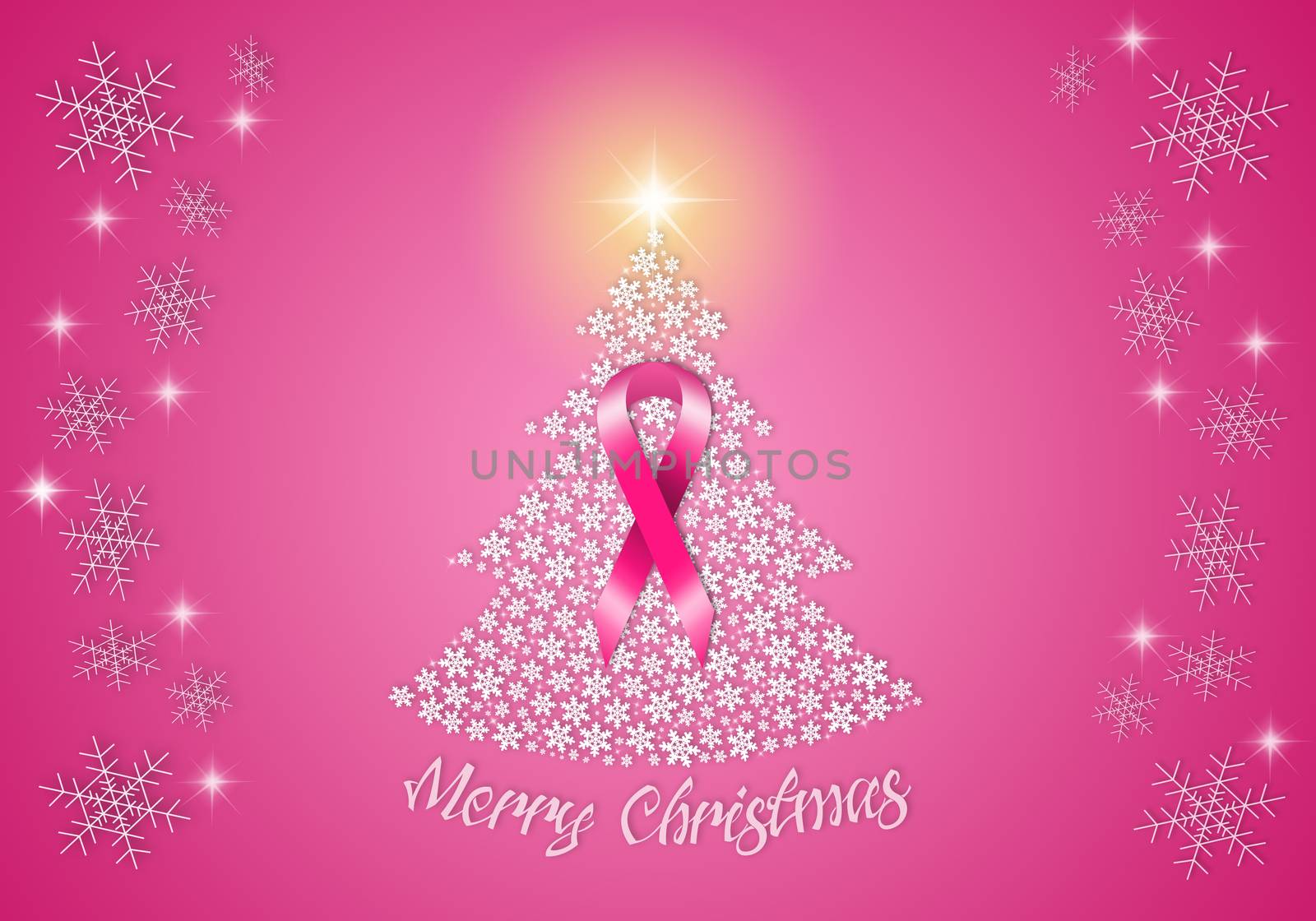 illustration of Christmas tree with pink ribbon