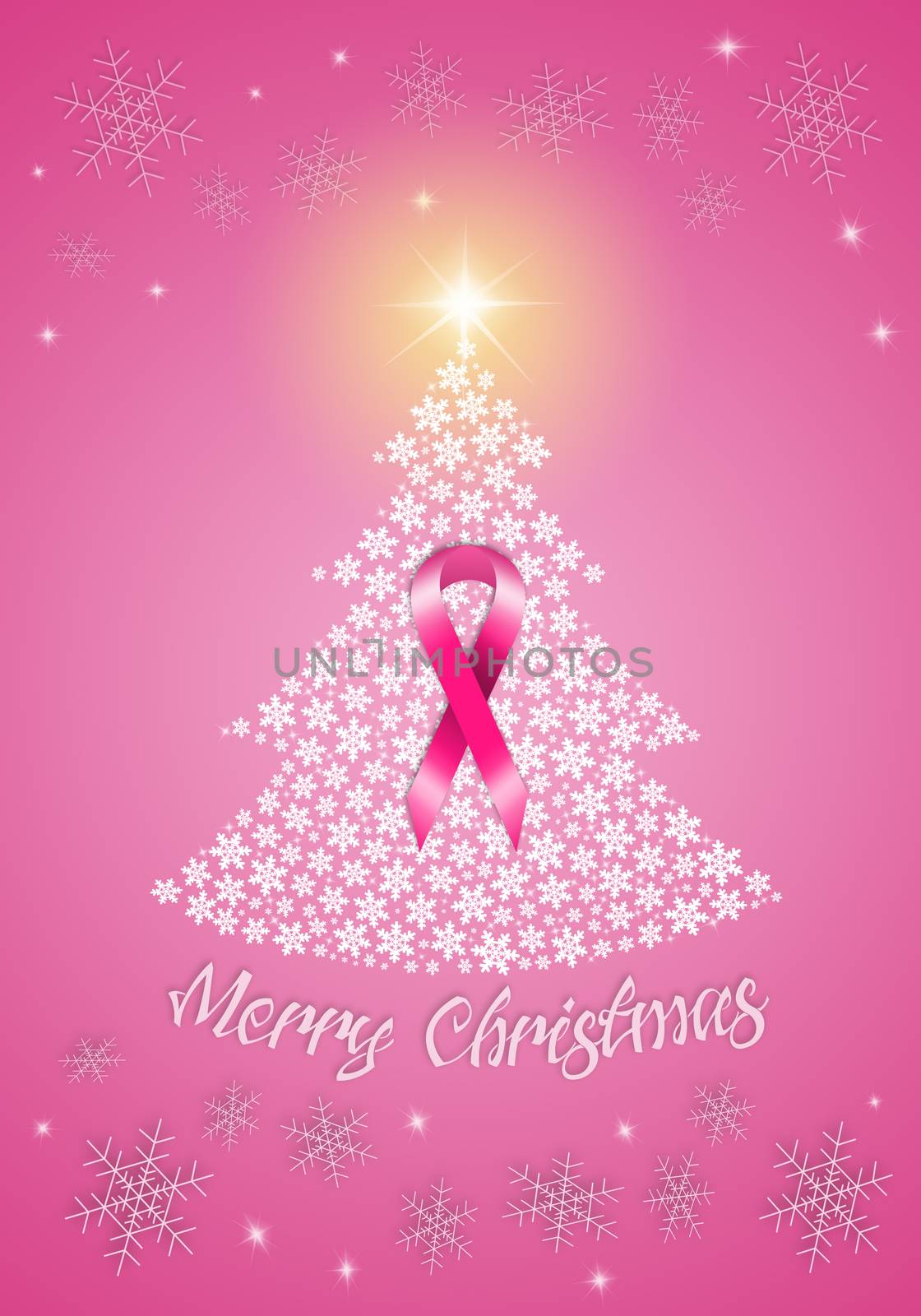 illustration of Christmas tree with pink ribbon