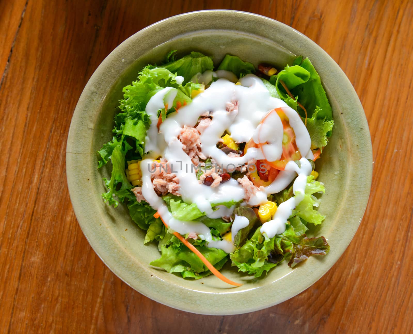 vegetable salad with tuna in a bowl on wood table