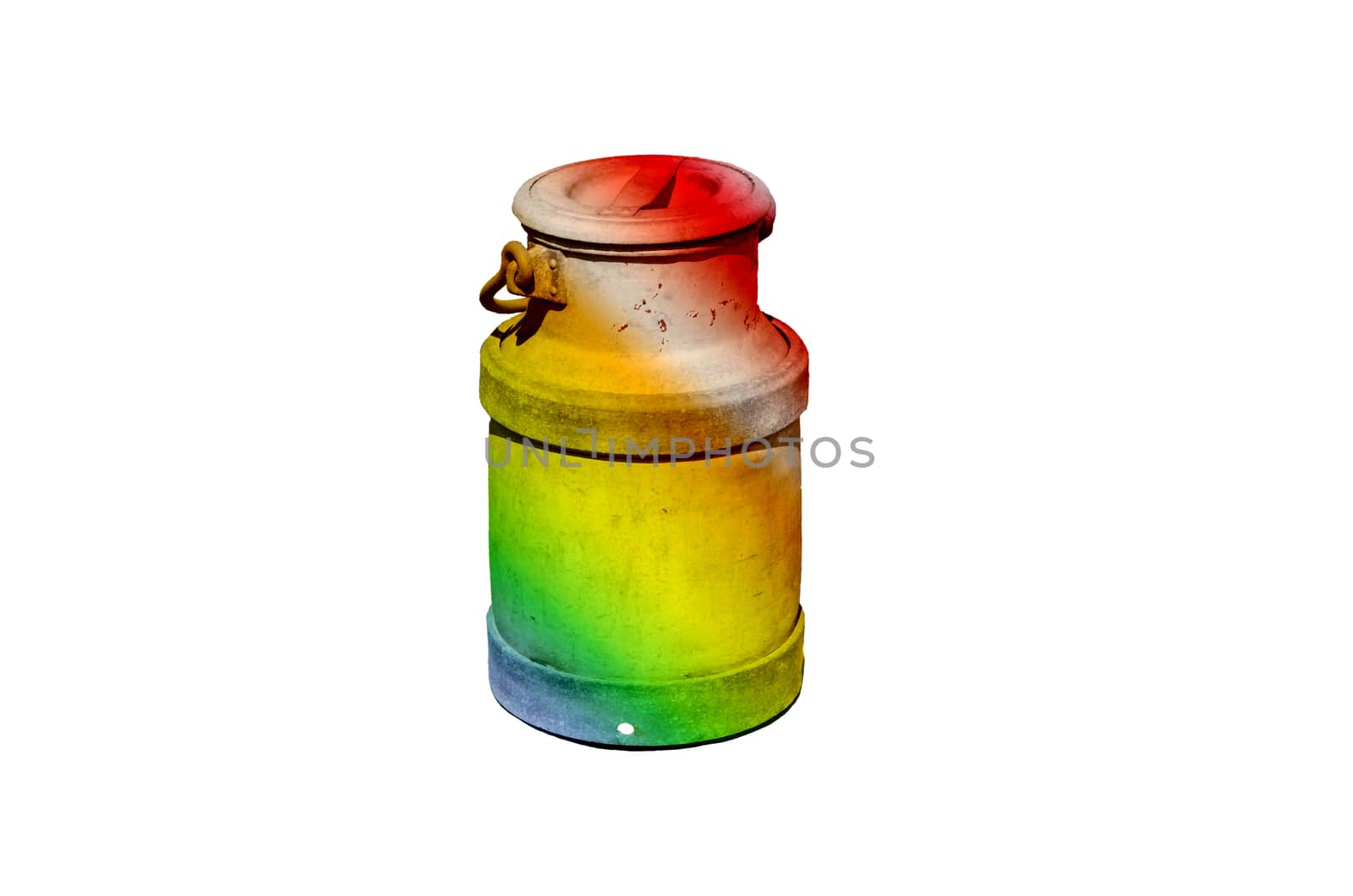 Old slightly weathered milk jug with rainbow colors against a white background.
