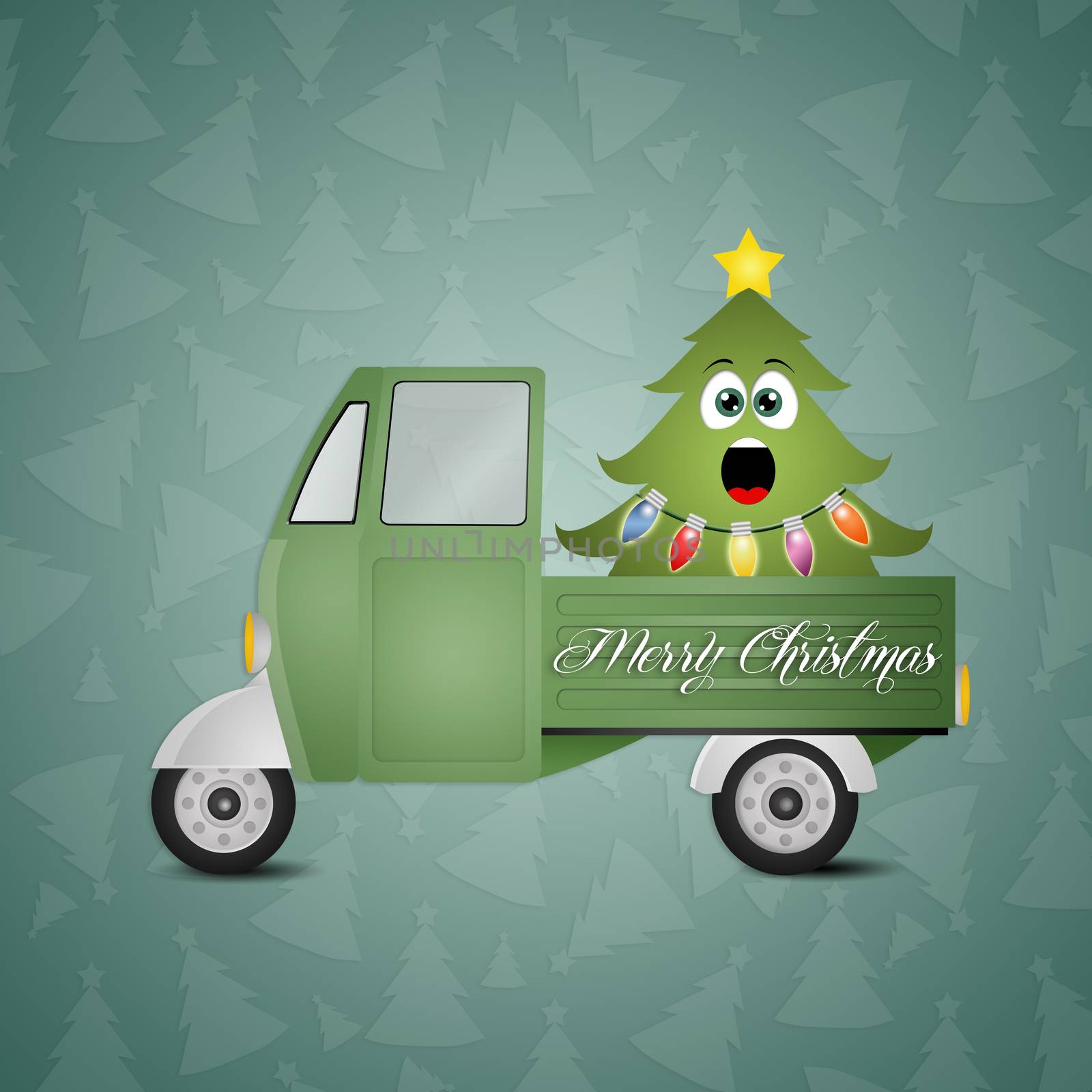 illustration of funny Christmas tree in truck