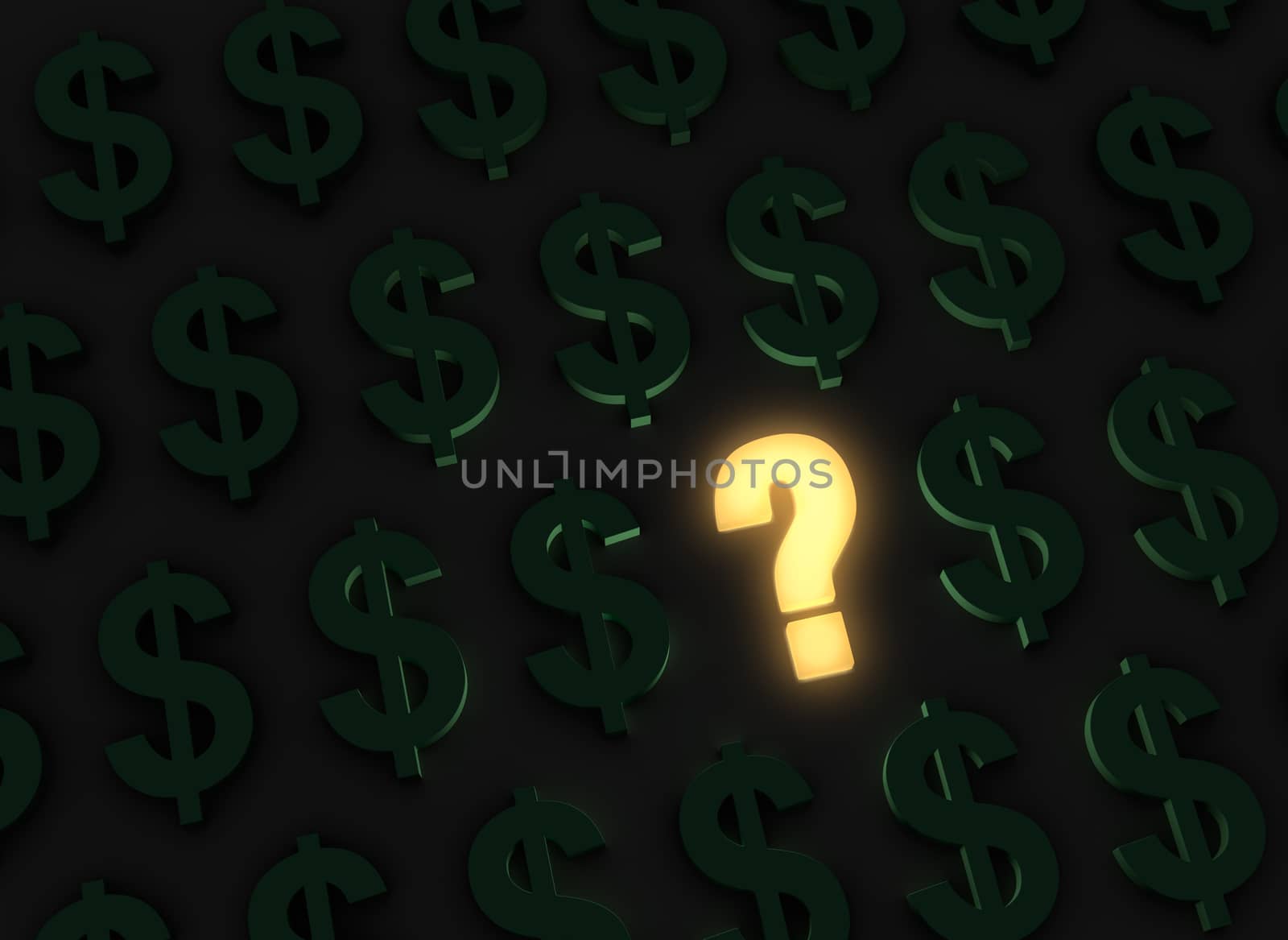 A bright, glowing yellow question stands out in a dark field of green dollar signs