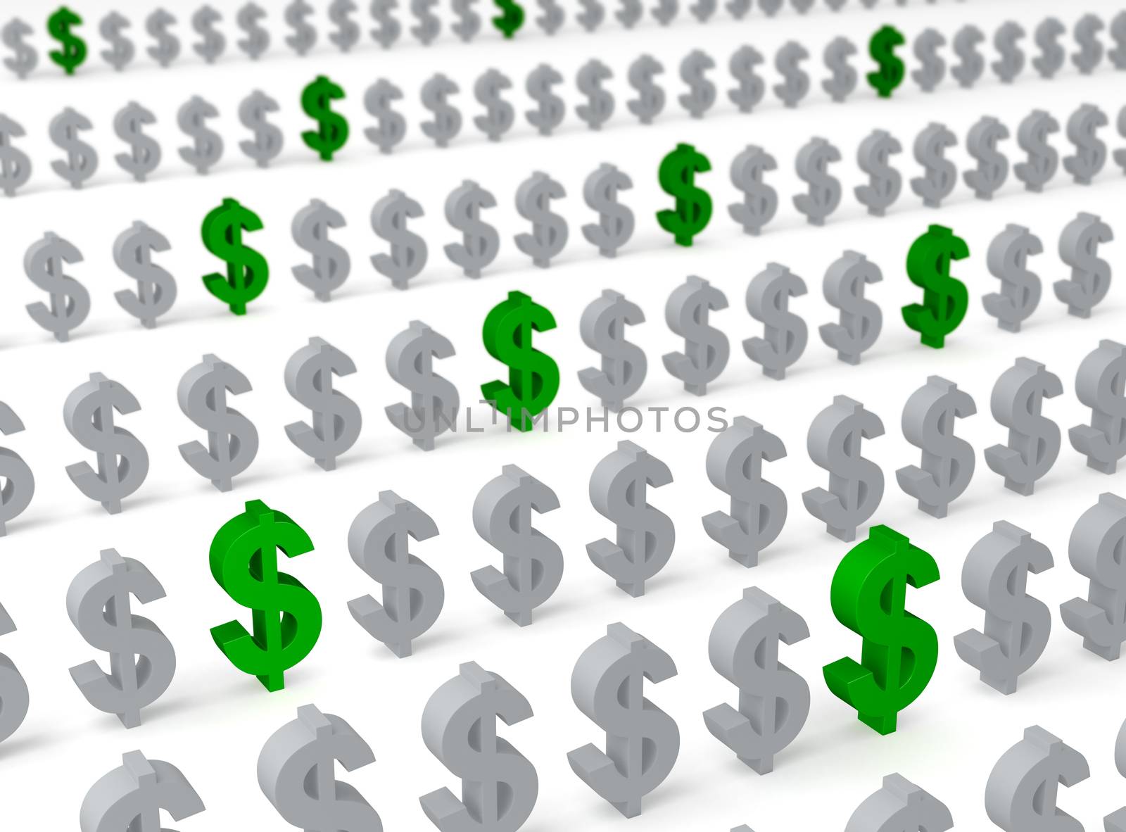 Green dollar signs scattered amidst rows of gray dollar signs illustrating green money in the economy. Shallow DOF.