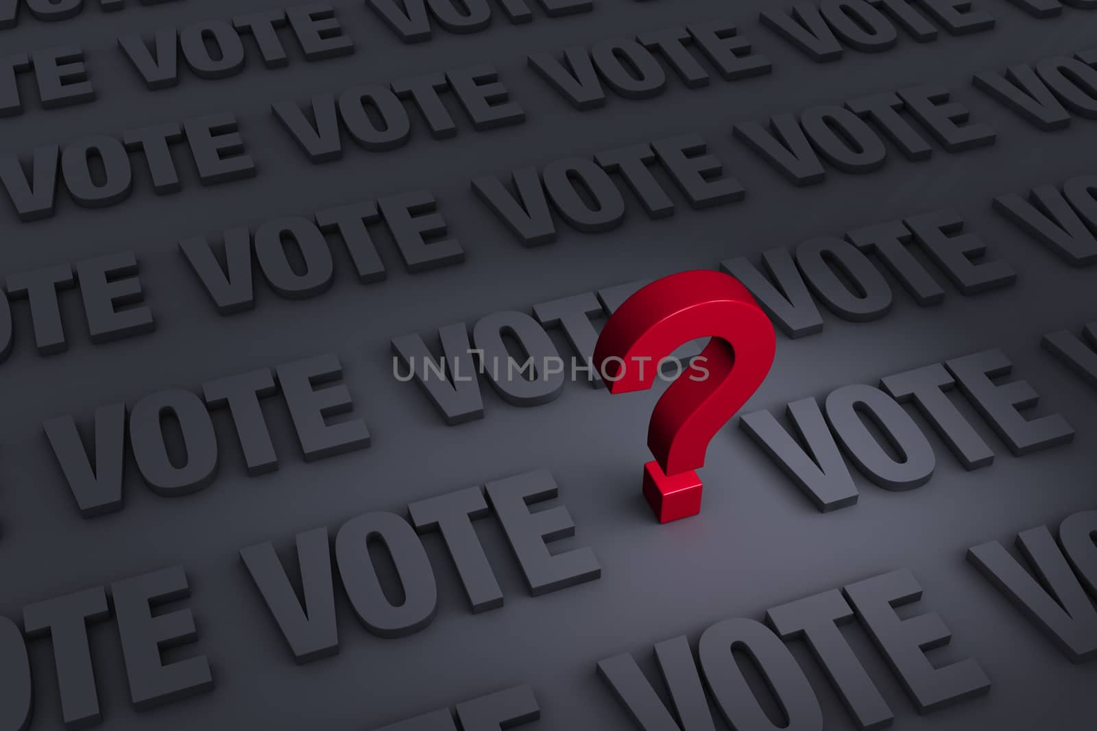 A red question mark stands out in a dark background of gray "VOTE"s receding into the distance