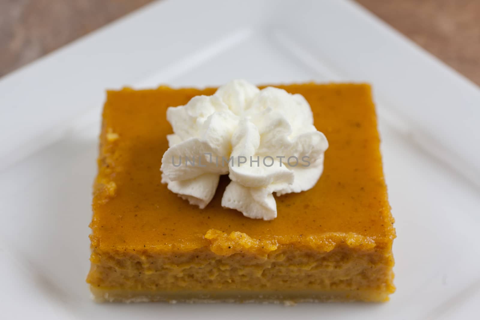 Pumpkin pie bars with fresh whipped topping.