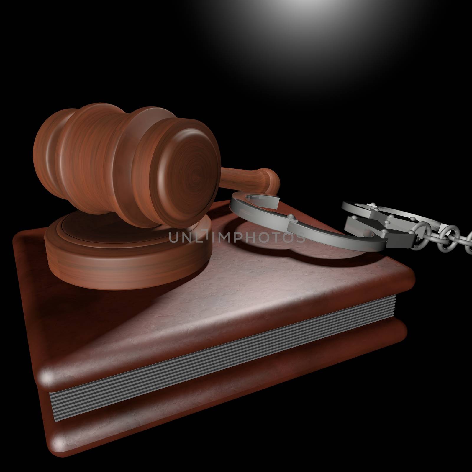 Court gavel, book and handcuffs over black background, 3d render