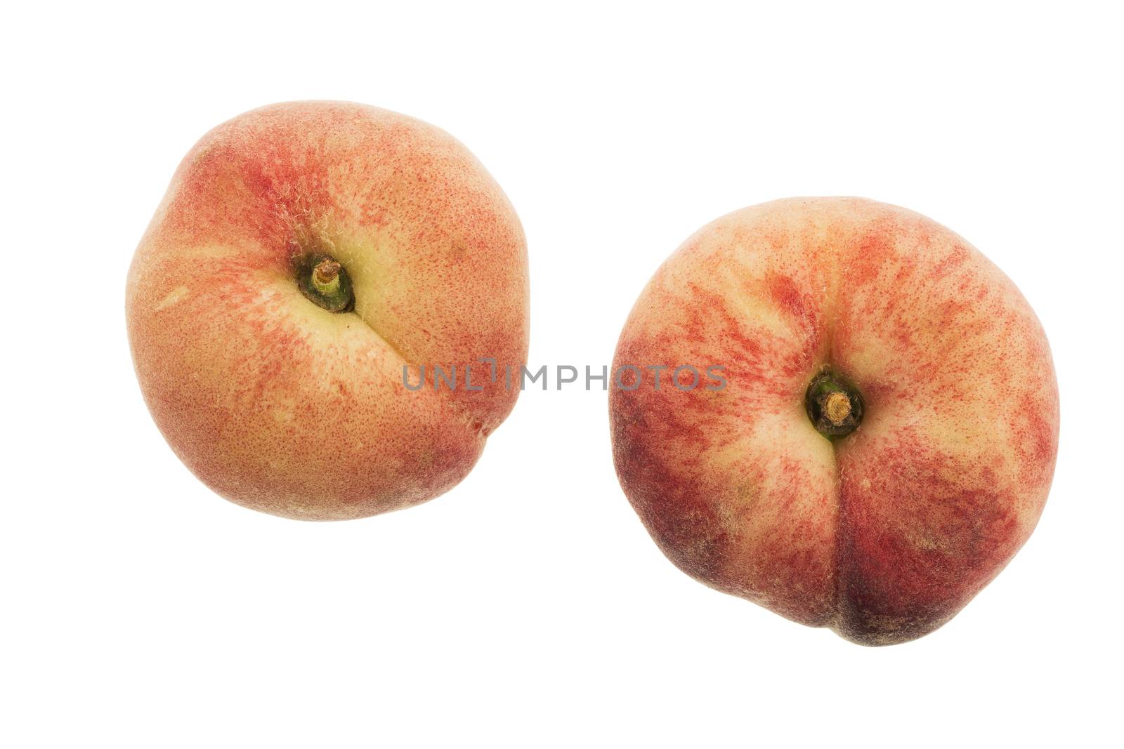 Two flat peaches isolated on white