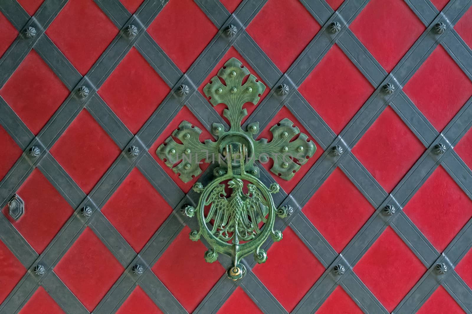 Close up view of an ornamental castle door knocker.