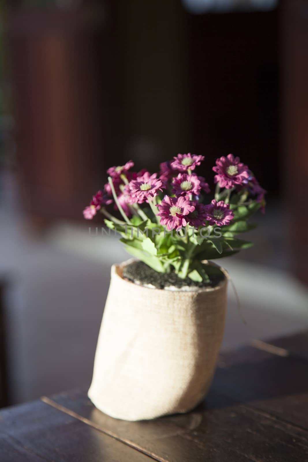 Vase of flowers is placed on the table in a restaurant.