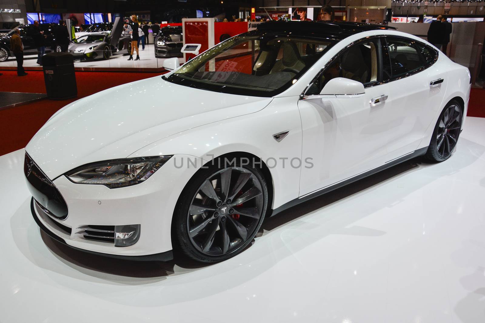 GENEVA, SWITZERLAND - MARCH 4: Tesla Model S on display during the Geneva Motor Show, Geneva, Switzerland, March 4, 2014. 