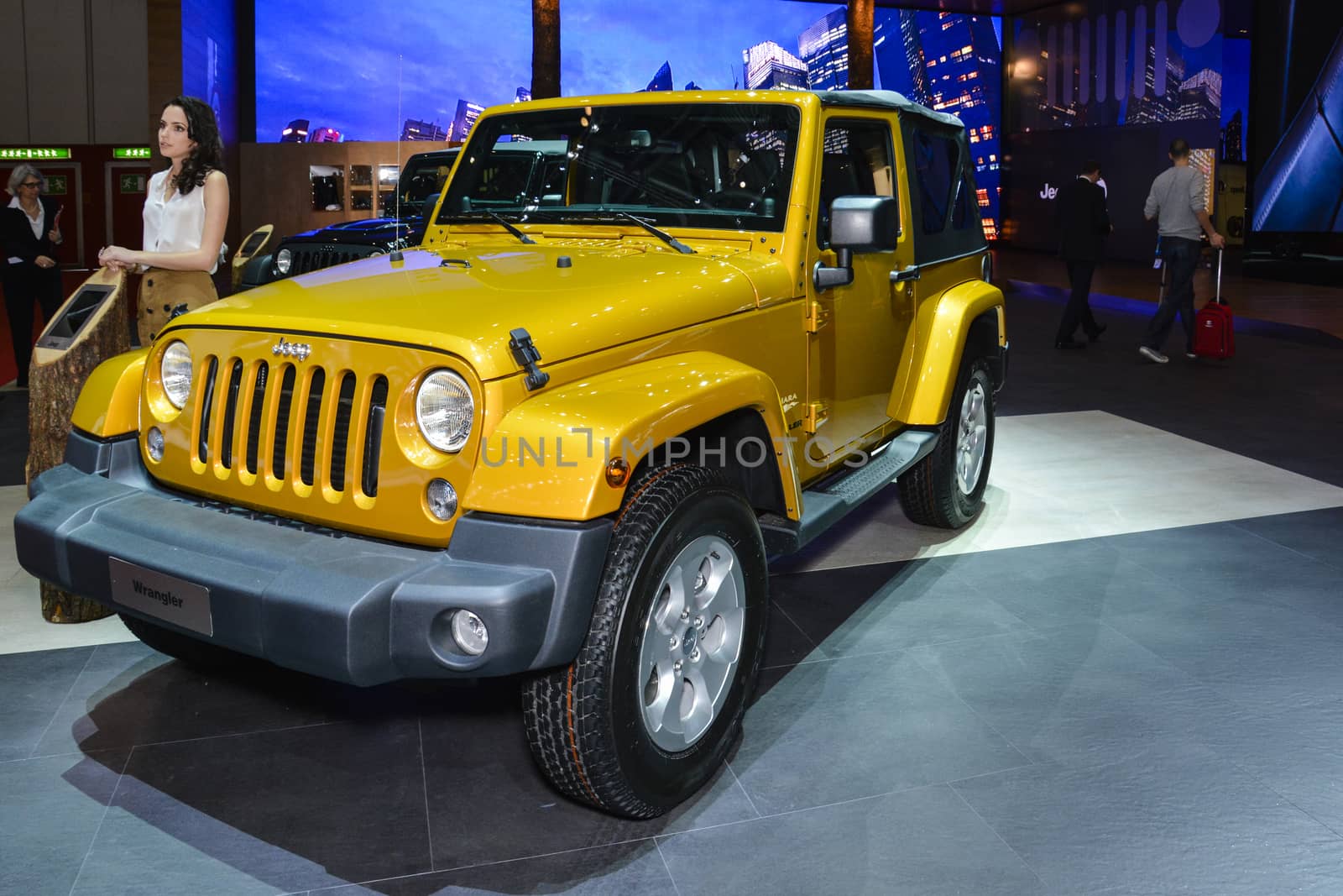 GENEVA, SWITZERLAND - MARCH 4: Jeep Wrangler on display during the Geneva Motor Show, Geneva, Switzerland, March 4, 2014. 