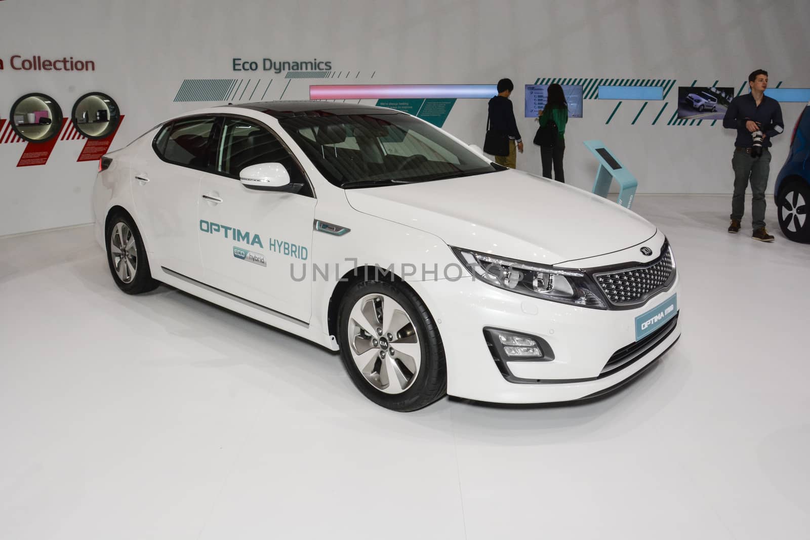 GENEVA, SWITZERLAND - MARCH 4: Kia Optima Hybrid on display during the Geneva Motor Show, Geneva, Switzerland, March 4, 2014. 