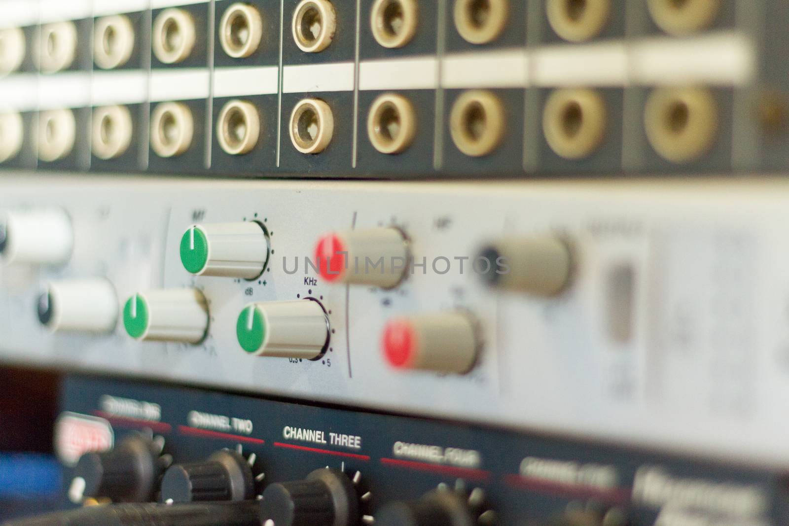 Recoring audio production equipment at a recording studio, close-up