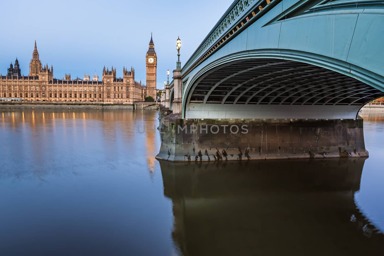 Big Ben, Queen Elizabeth Tower and Wesminster Bridge Illuminated in the Morning, London, United Kingdom