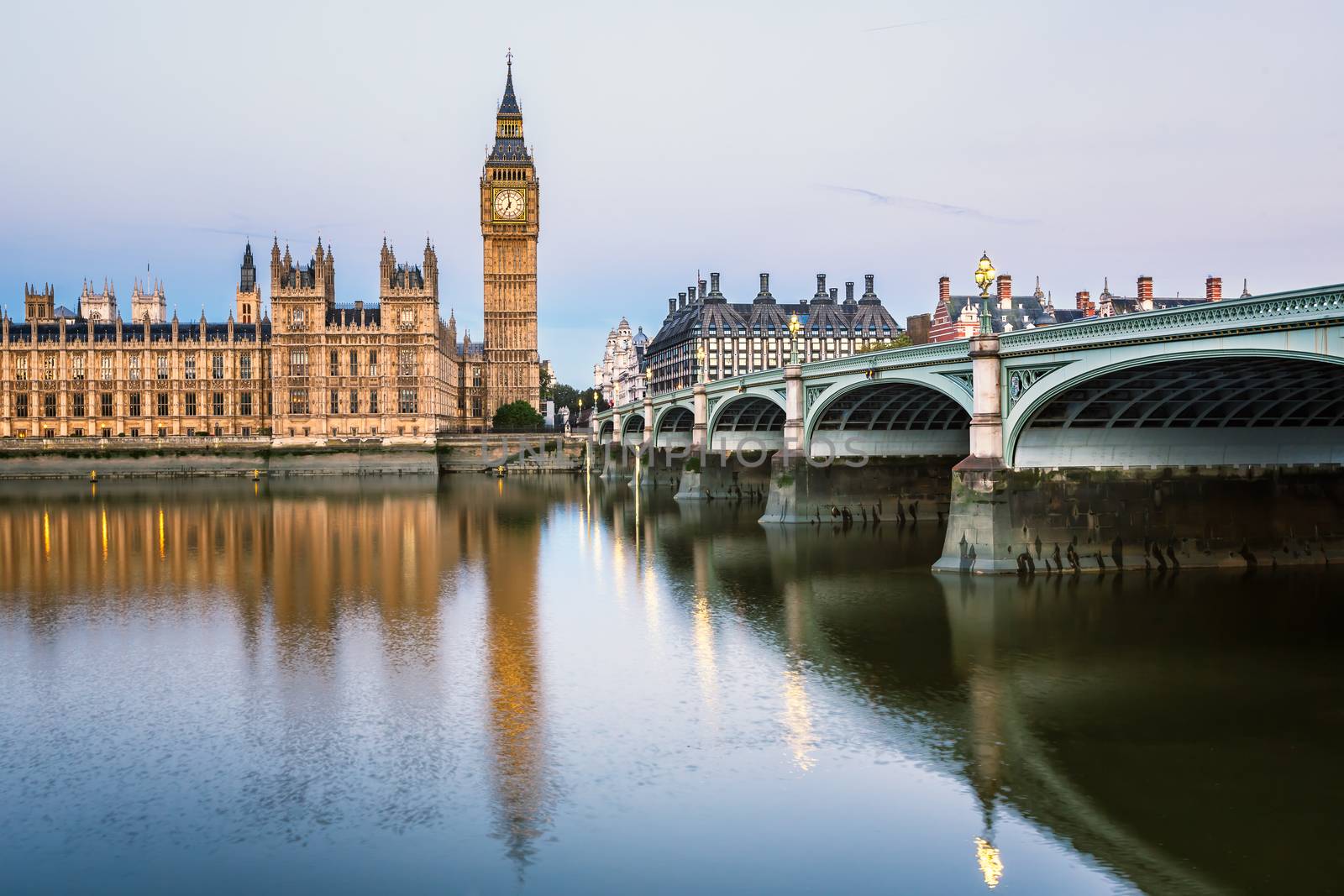 Big Ben, Queen Elizabeth Tower and Wesminster Bridge Illuminated in the Morning, London, United Kingdom