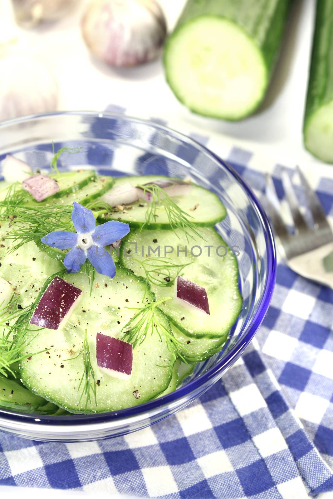 Cucumber salad with onions, borage flower and dill