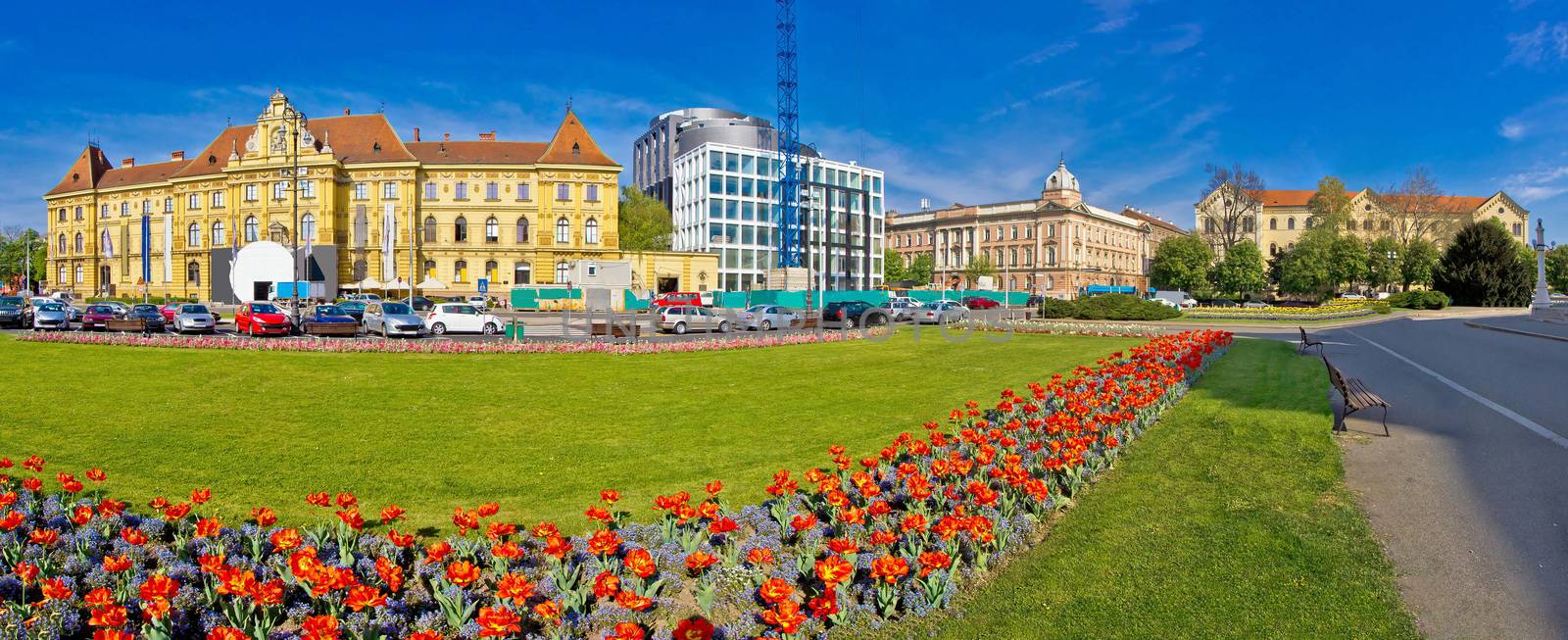 Zagreb Marshal Tito square panorama, flowera and architecture