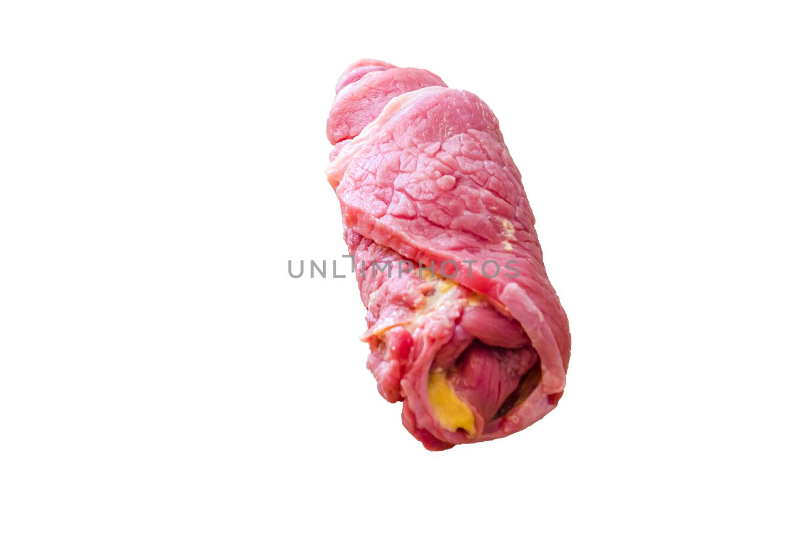 Non-fried roulade of fresh beef in front of white background