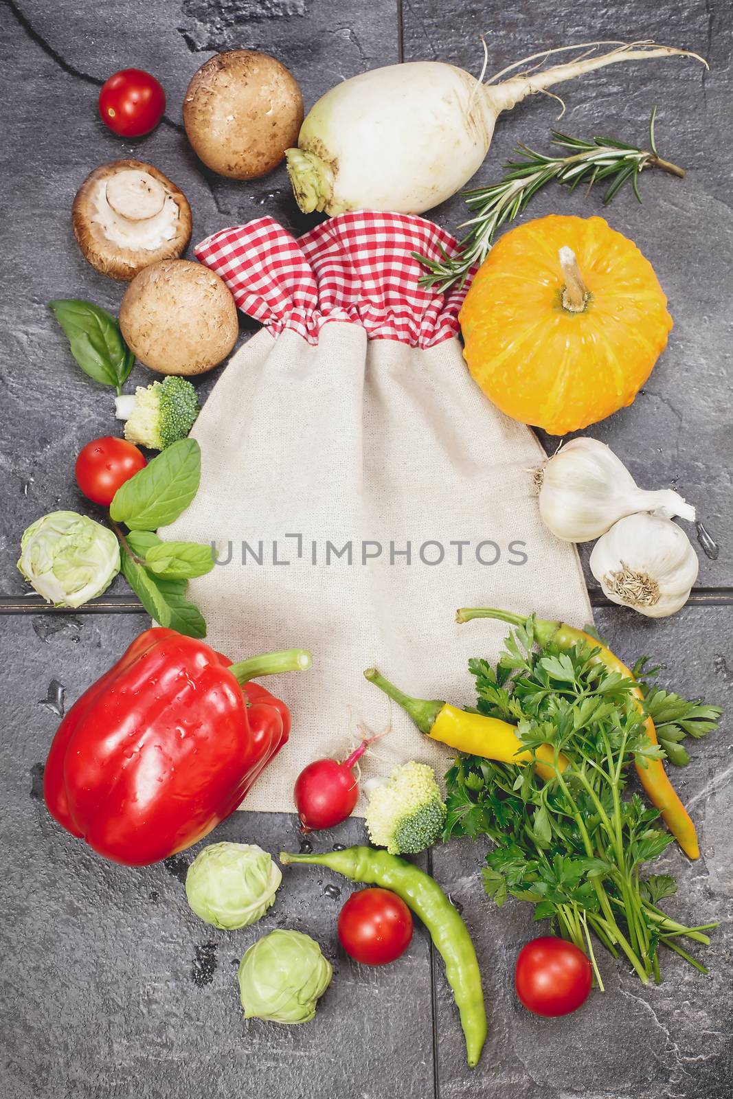 Vegetables and spices vintage border and vegetable preserving bag. Copy space