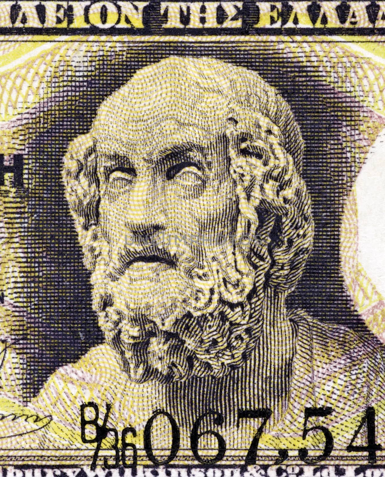 Homer on 1 Drachma 1917 Banknote from Greece. Author of the Iliad and the Odyssey, considered as the greatest of ancient Greek epic poets. His epics lie at the beginning of the Western canon of literature and have had an enormous influence on the history of literature.