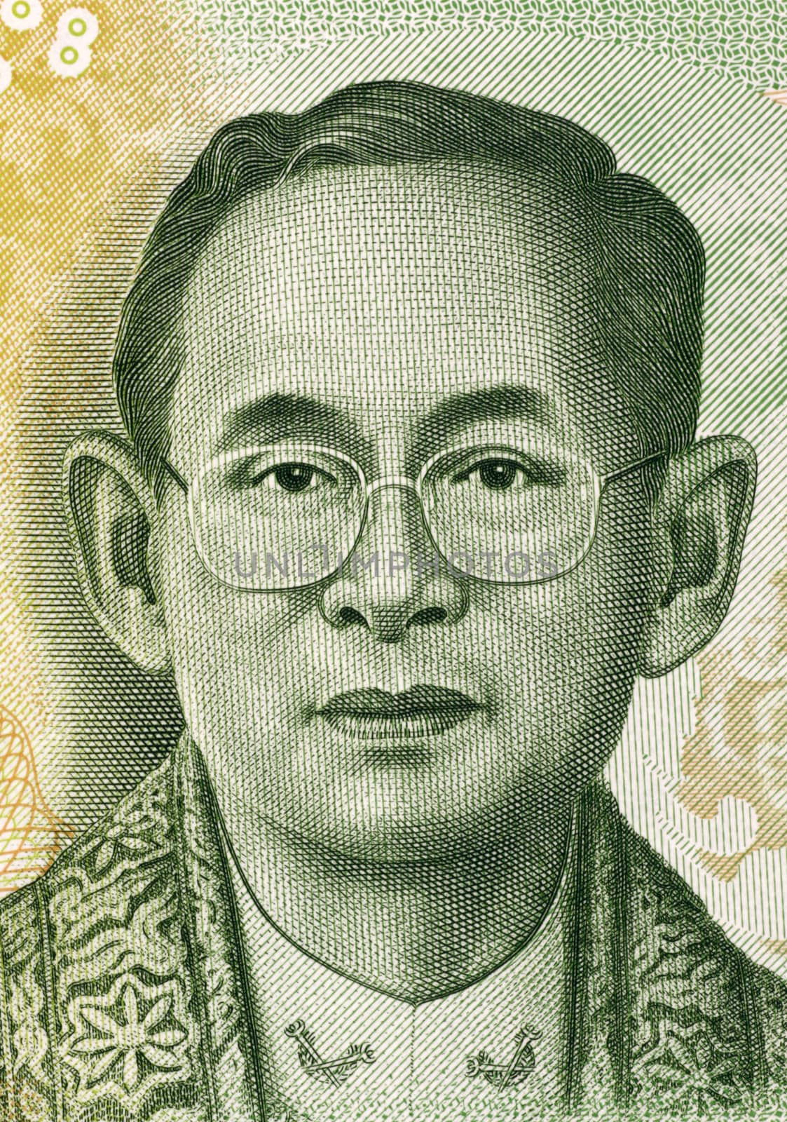 King Rama IX (born 1927) on 20 Baht 2013 Banknote from Thailand. King of Thailand.