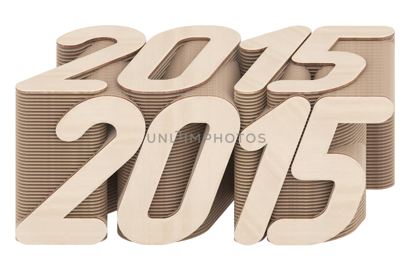 2015 digits composed of intersected wood panels isolated on white background. High resolution 3D image