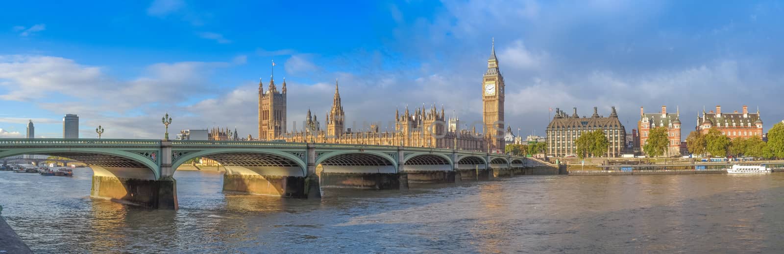 Westminster Bridge panorama with the Houses of Parliament and Big Ben in London UK