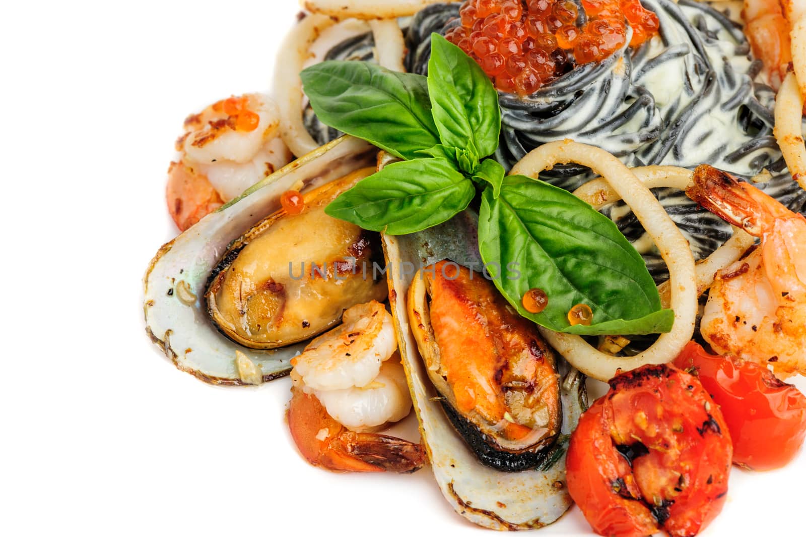 Black Pasta with Calamari Rings, Mussels, Shrimps and Basil