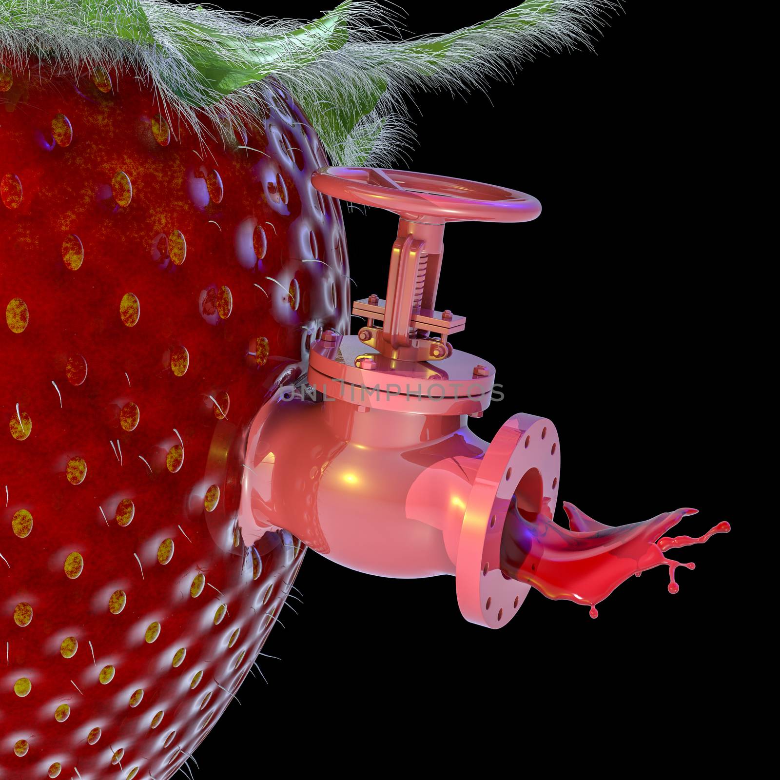 Giant strawberry with spigot valve pipe with juice splash out.