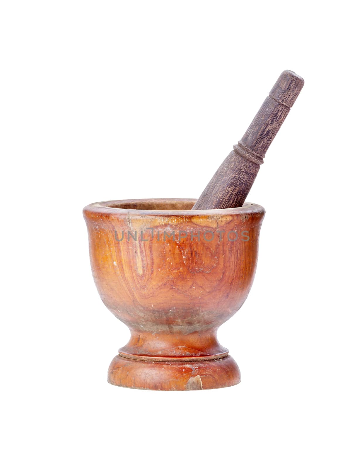 Wooden mortar and pestle on isolated white background