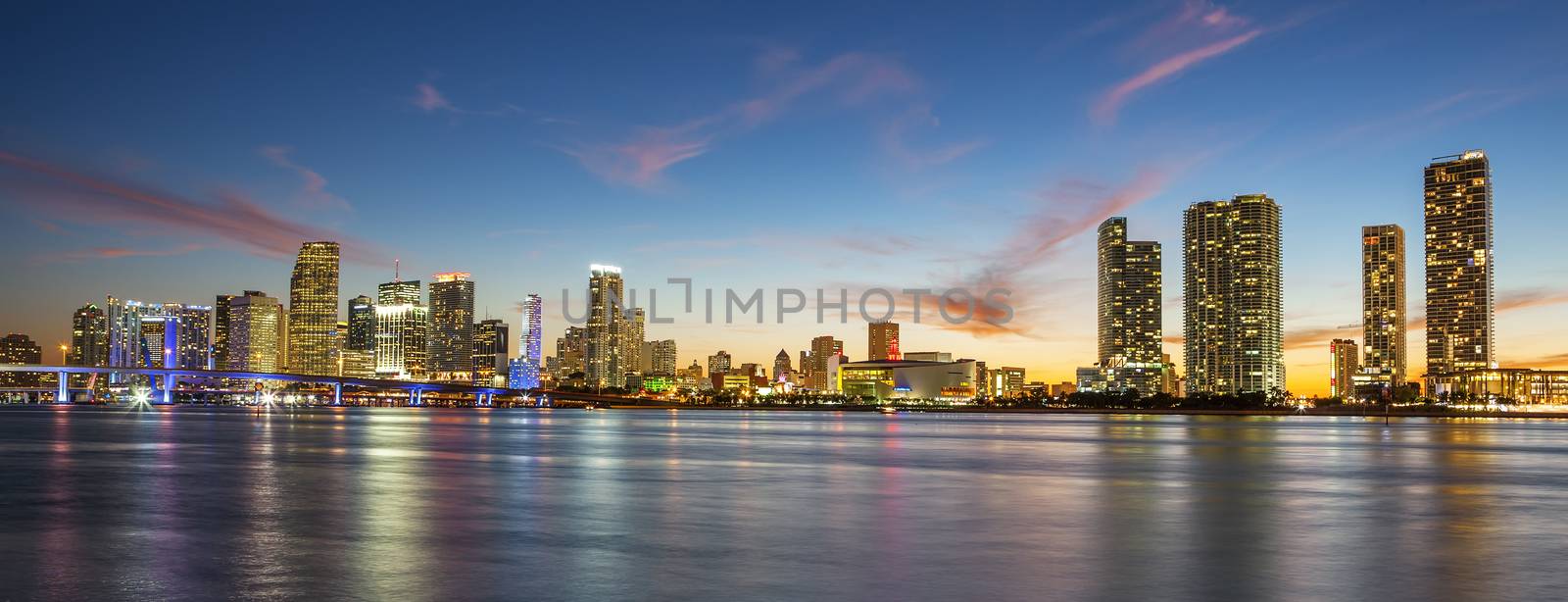 sunset  with business and residential buildings, Miami, panoramic view