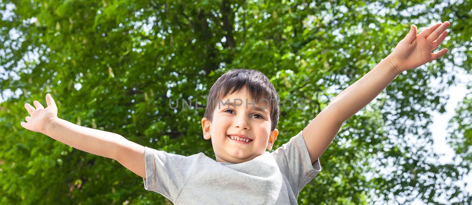 boy with his hands up smiling by palinchak