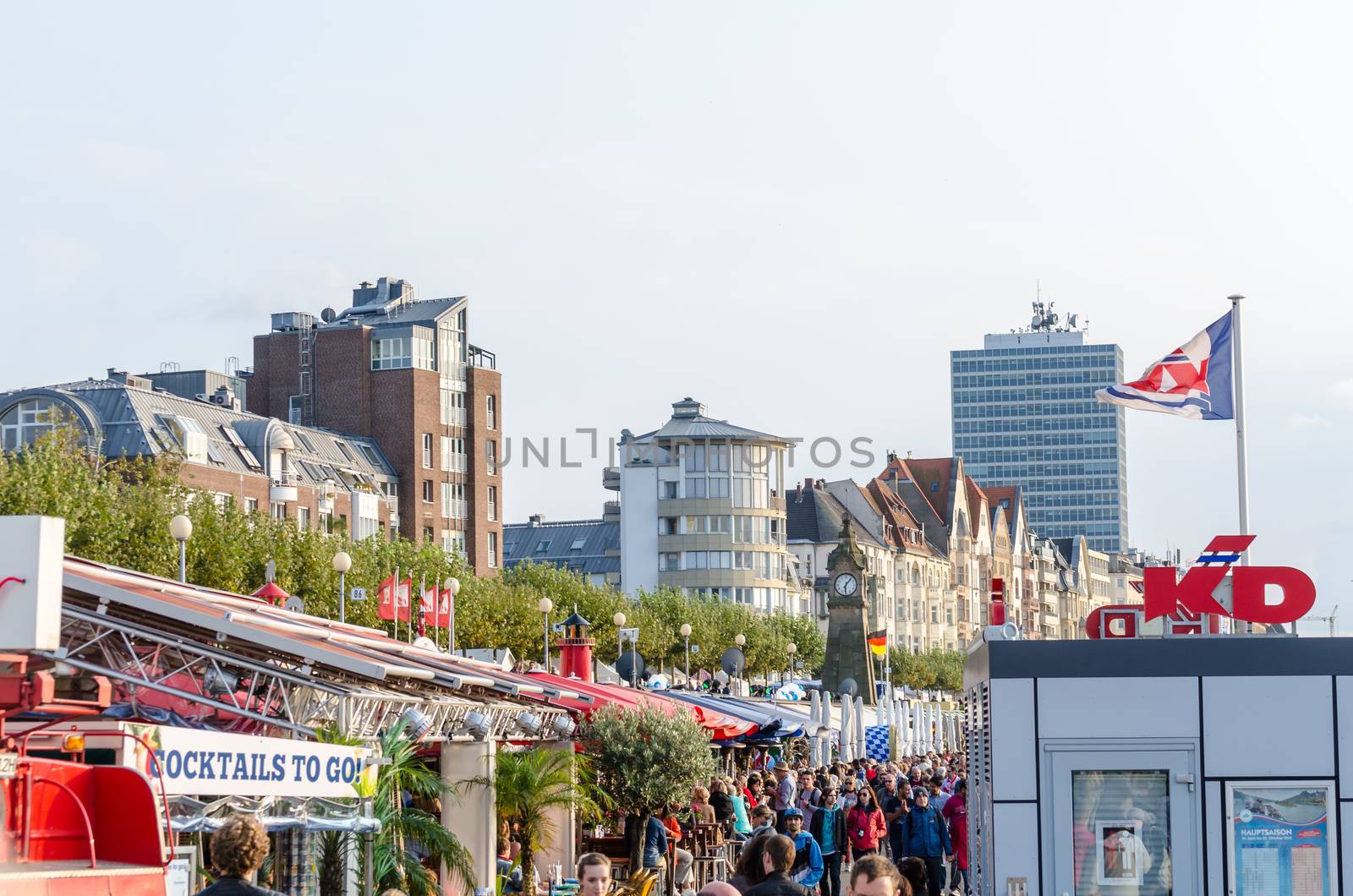 Dusseldorf Altstadt, Nrw, Germany - September 21, 2014: Rhine River Promenade in Dusseldorf Atlstadt.Die shore promenade in the old town of Düsseldorf designed by architects Niklaus Fritschi is one of the most beautiful.