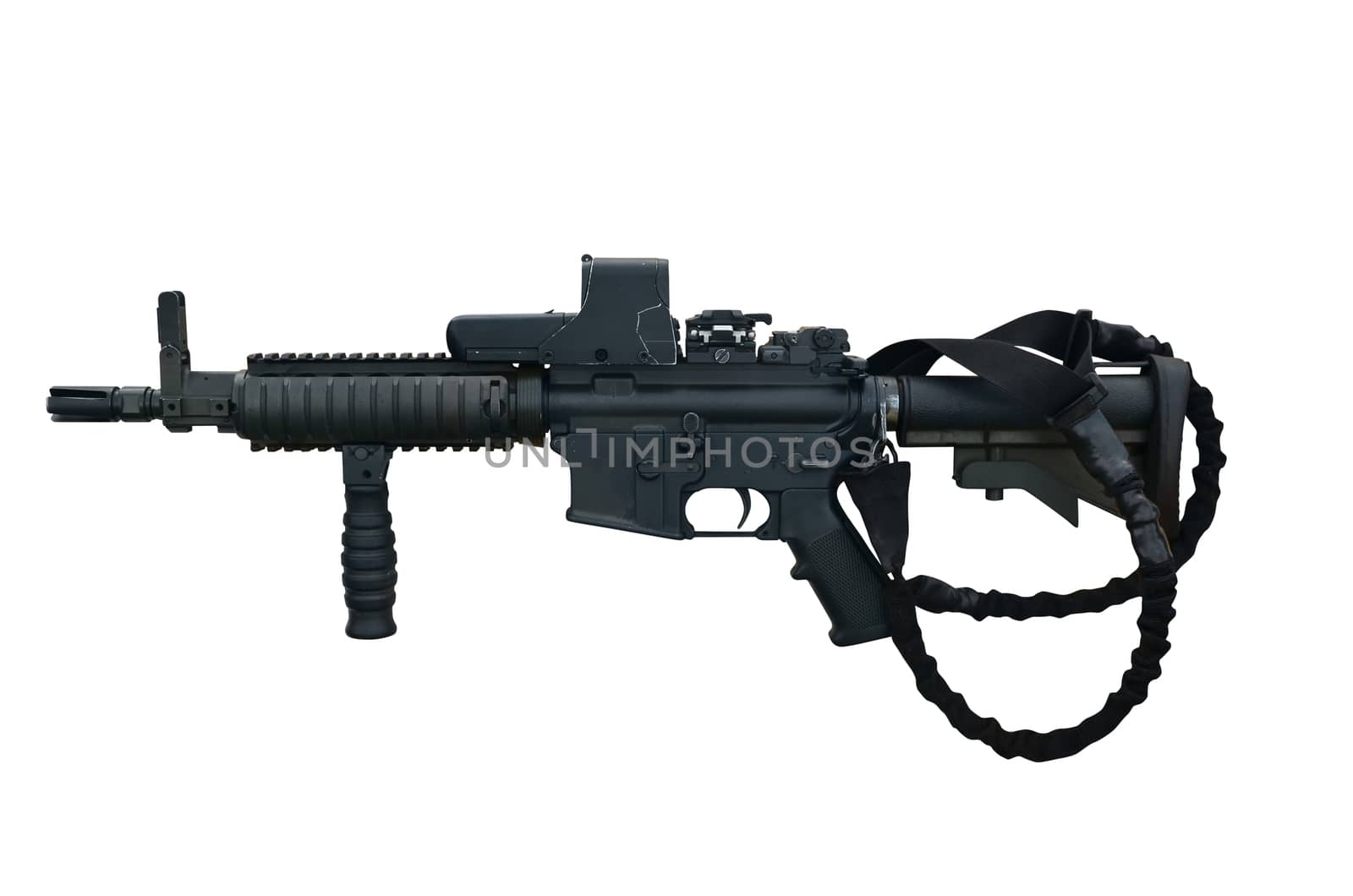 Canadian military machine gun C8 CQB 5,56 mm with holographic weapon sight. Isolated with path on white background.