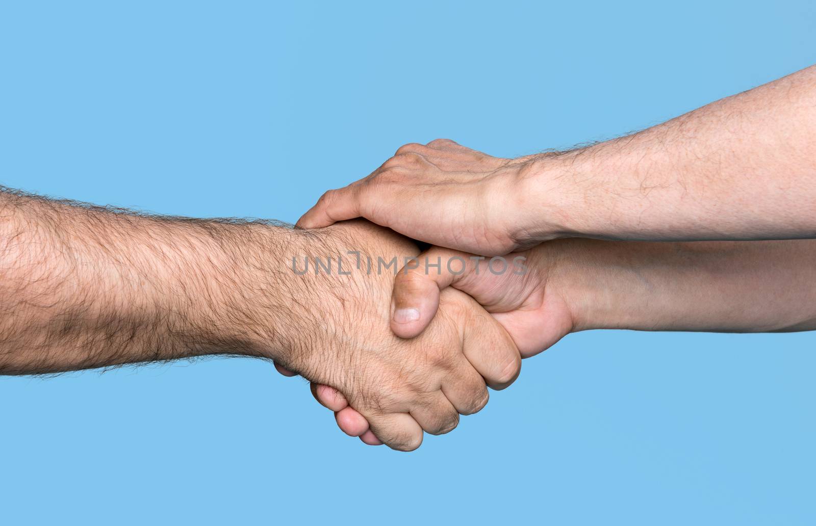 Handshaking. Shaking hands of two male people isolated on blue