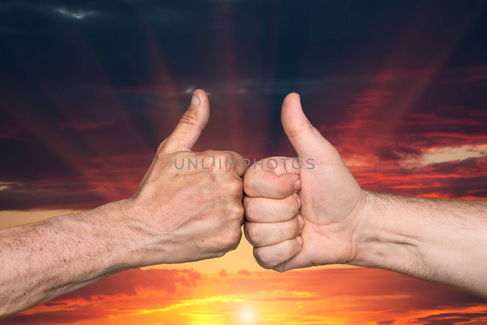 Partnership. Thumbs up sign on sunset sky background