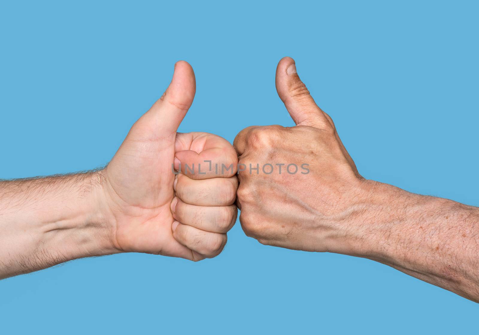 Partnership. Thumbs up sign isolated on blue