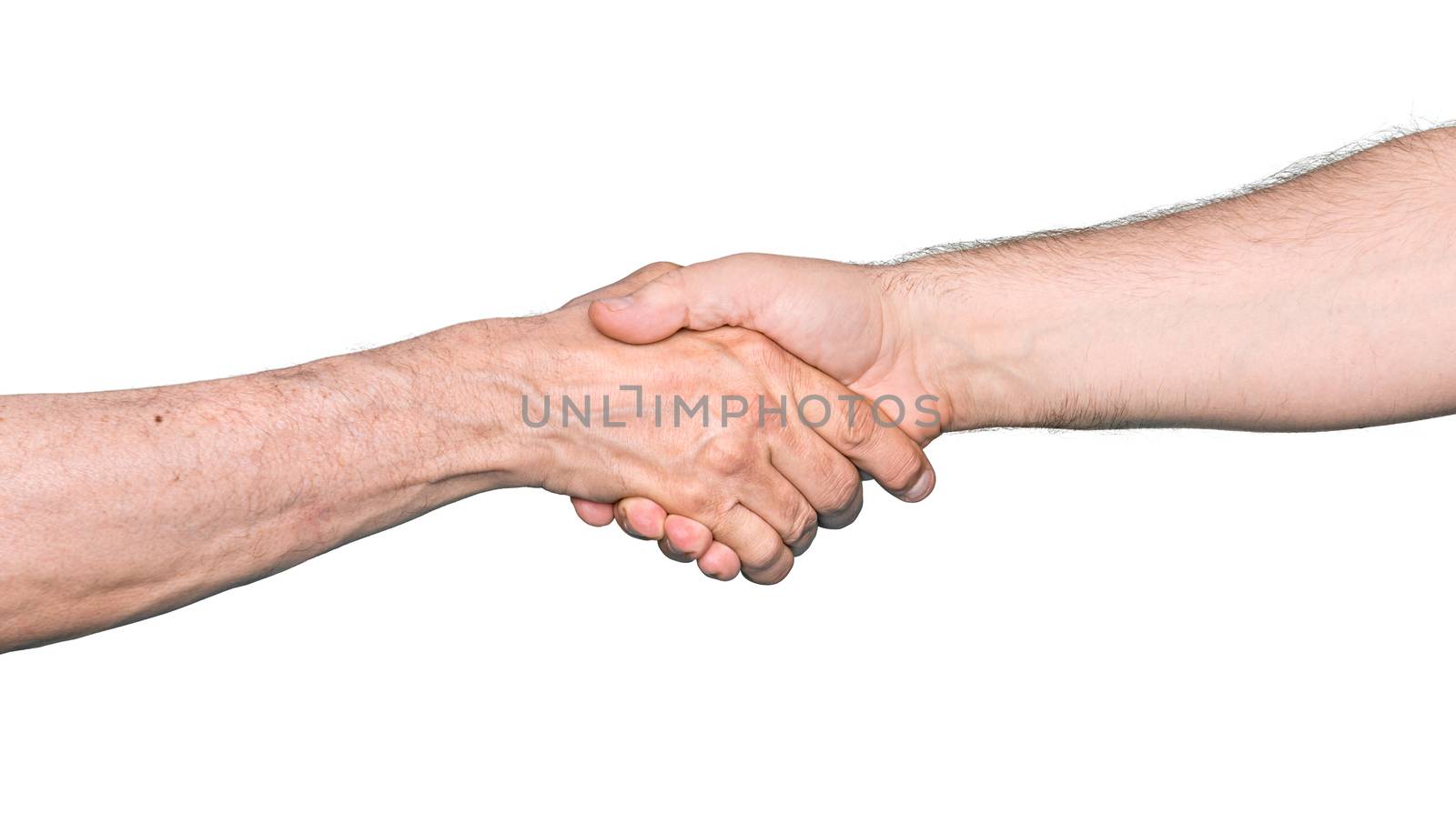 Shaking hands of two male people, isolated on white